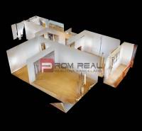 3D floor plan of a 3-room apartment with wooden floors and light walls.