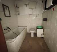 A bathroom in a cabin with a bathtub, toilet, and floor with a wooden decor.