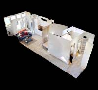 3D floor plan of a one-bedroom apartment with a living room and bedroom.