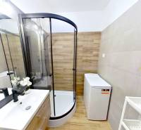 Bathroom with a corner shower, washing machine, and sink in a studio apartment.
