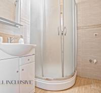 Bathroom with a sink and a shower in a 2-room apartment.