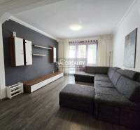 Living room of a three-room apartment with dark furniture and a comfortable sofa.