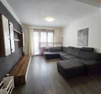 Living room in a 3-room apartment with a large sofa, wooden floor, and wall unit.
