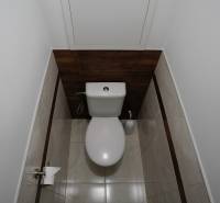 A bathroom with white sanitary ware in a 2-room apartment, clad in dark wood and tiles.
