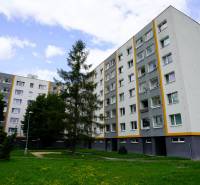 A housing estate with apartment buildings and greenery in Nova Dubnica, suitable for a 2-room apartment.