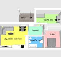 Floor plan of a family house with a living room, kitchen, bedroom, children's room, and bathroom.