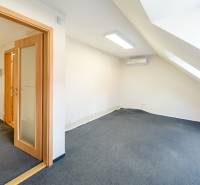 Attic space in a family house with windows, carpet, and air conditioning.