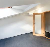 Attic room in a family house with wooden doors and glass paneling.