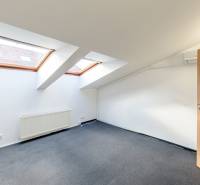 An attic room in a family house with two skylights and wooden doors.
