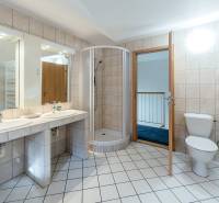 Bathroom in a family house with sinks, a shower corner, and a toilet.