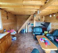 Interior with a wooden ceiling, a sofa set, and a stove, intended for living.