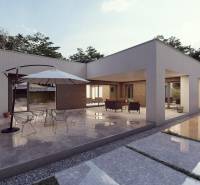 A family house in Trenčianske Jastrabie with a terrace, table, chairs, and a nearby pool.
