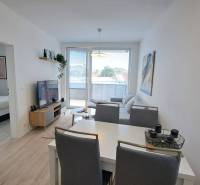 A bright living room with white furniture and an entrance to the bedroom in a two-room apartment.