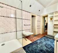 A bathroom in a 2-room apartment with a shower, carpet, and storage shelves.