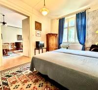 A bedroom in a 2-room apartment with a bed, blue curtains, and an oriental rug.