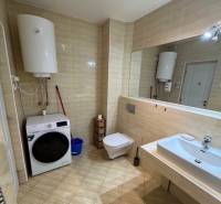 Bathroom with a boiler, washing machine, toilet, and mirror in a 2-room apartment.