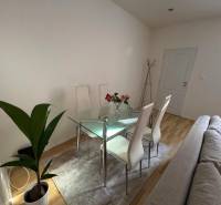 Dining area with a glass table in a 2-room apartment, light walls and a plant.