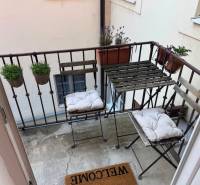 A balcony of a 2-room apartment with metal furniture and flower pots.