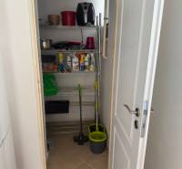 Storage room in a 2-room apartment with shelves and cleaning supplies.