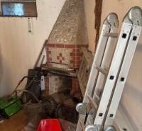 A room with a fireplace and a ladder used for storing tools. Land - living.