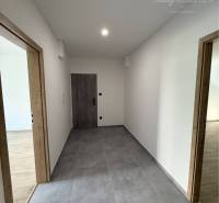 A hallway in a 3-room apartment with a gray floor and entrances to the rooms.