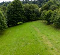 Greenery and grassy area on recreational land in Oščadnica surrounded by trees.