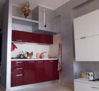 A kitchen unit in a 3-room apartment with glossy red cabinets and decoration on the shelf.