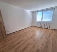 A spacious room with wooden flooring and a large window in a 2-room apartment.