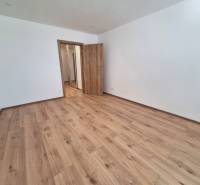 Empty room with wooden floor and closed doors in a two-room apartment.