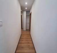 A narrow hallway with a wooden floor and a built-in wardrobe in a 2-room apartment.