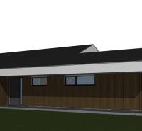 Design of a family house in Valča with a garage and dark wooden elements on the facade.