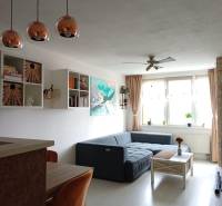 Living room with a sofa, wooden table, and interesting hanging lamps in a two-room apartment.
