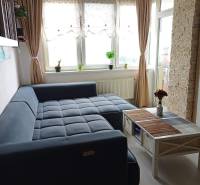 Living room in a 2-room apartment with a corner sofa and a coffee table.