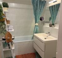 A bathroom with a bathtub, green curtain, and sink in a two-room apartment.