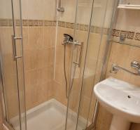 Shower corner and sink in the bathroom of a 3-room apartment with glass doors.