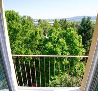 The view from the balcony in the 2-room apartment shows green trees and a distant horizon.