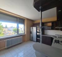 A kitchen in a family house with a view of the garden, equipped with appliances and large windows.