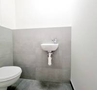 Gray bathroom with a wall-mounted toilet and sink in a 3-room apartment.