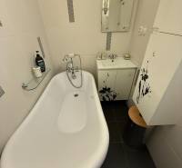 Bathtub in the bathroom with a shower faucet and a sink in a 2-room apartment.