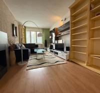 Living room of a two-room apartment with a black sofa, carpet, and wooden shelves.
