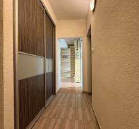 A hallway with a wooden floor and a built-in wardrobe in a 2-room apartment.