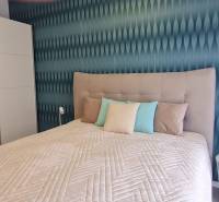 A bedroom in a two-room apartment with a bed, colorful pillows, and a textured wall.