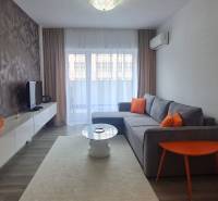 Living room with a sofa, television, and orange decorations in a two-room apartment.