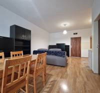 Interior of a 1-room apartment with a wooden table, sofa, and cabinets.