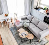 Kitchen and living room in a 3-room apartment with a dining table and a sofa.