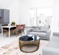 Bright living room with a kitchenette, dining table, and sofa in a 3-room apartment.