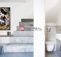 Concrete staircase with a picture on the wall. Next to it is a toilet with a sink.