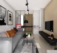 Living room in a two-room apartment with furniture, decorations, and a TV on a wooden wall.
