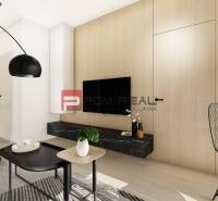 Bright living room in a two-room apartment with wooden walls and black accessories.