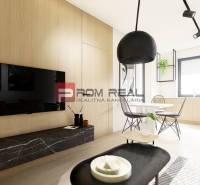 Living room of a two-room apartment with a television, dining table, and wooden details.